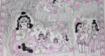 Illustrated scenes from everyday life in Mithila, and the epic stories of the Ramayana and the Mahabharata.