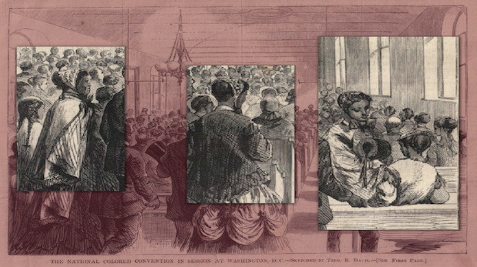 Women in a large, crowded room, red background with focuses in black and white, illustration.