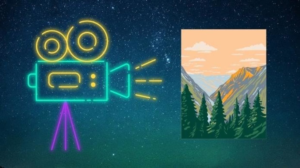 Neon-style outline of a film projector projecting a still of a National Park on a starry background.