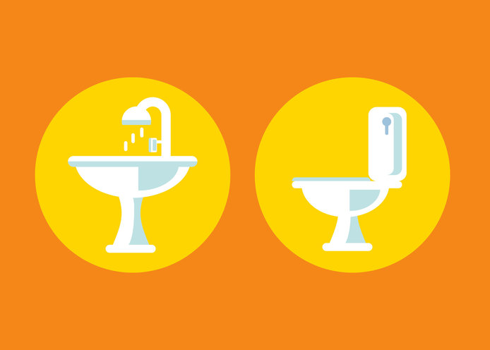 Sink and toilet icons in yellow circles on orange background, clipart.