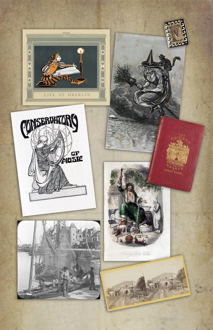 Montage of photos and ephemera, scattered on tan background.