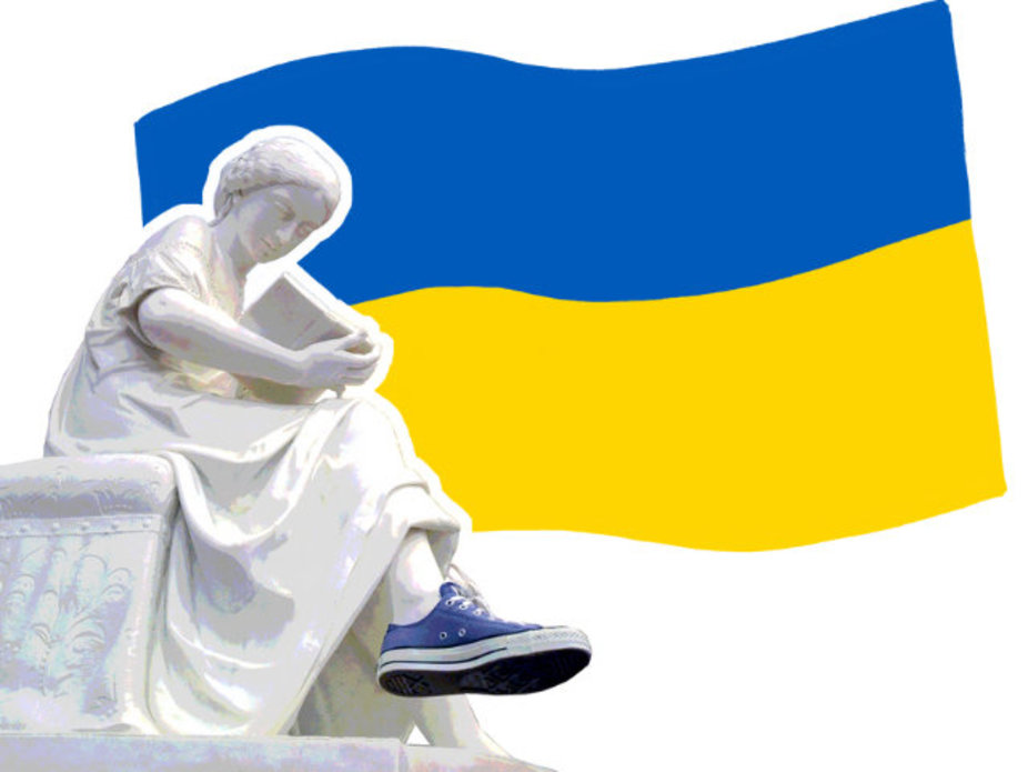 Collage of OCL's marble Reading Girl statue wearing blue sneaker in front of the Ukrainian flag.