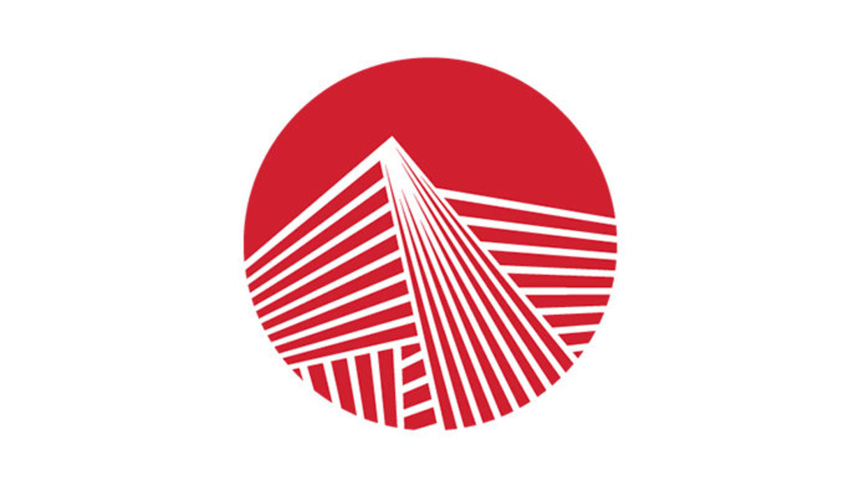 OhioLINK logo of a red circle with pyramids made of white stripes inside of it.