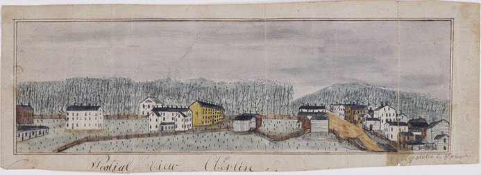 Yellow, white, and brick-red buildings in front of trees with cloudy sky, illustration.