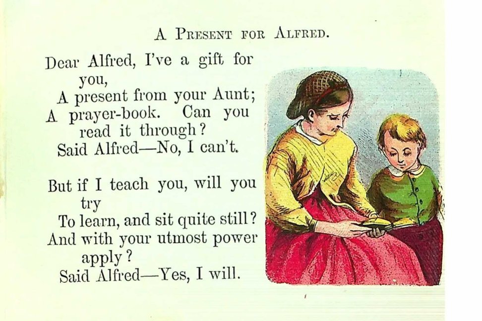 A page from a children's book with text following the title A Present for Alfred with a woman and boy illustrated on the right of the page.