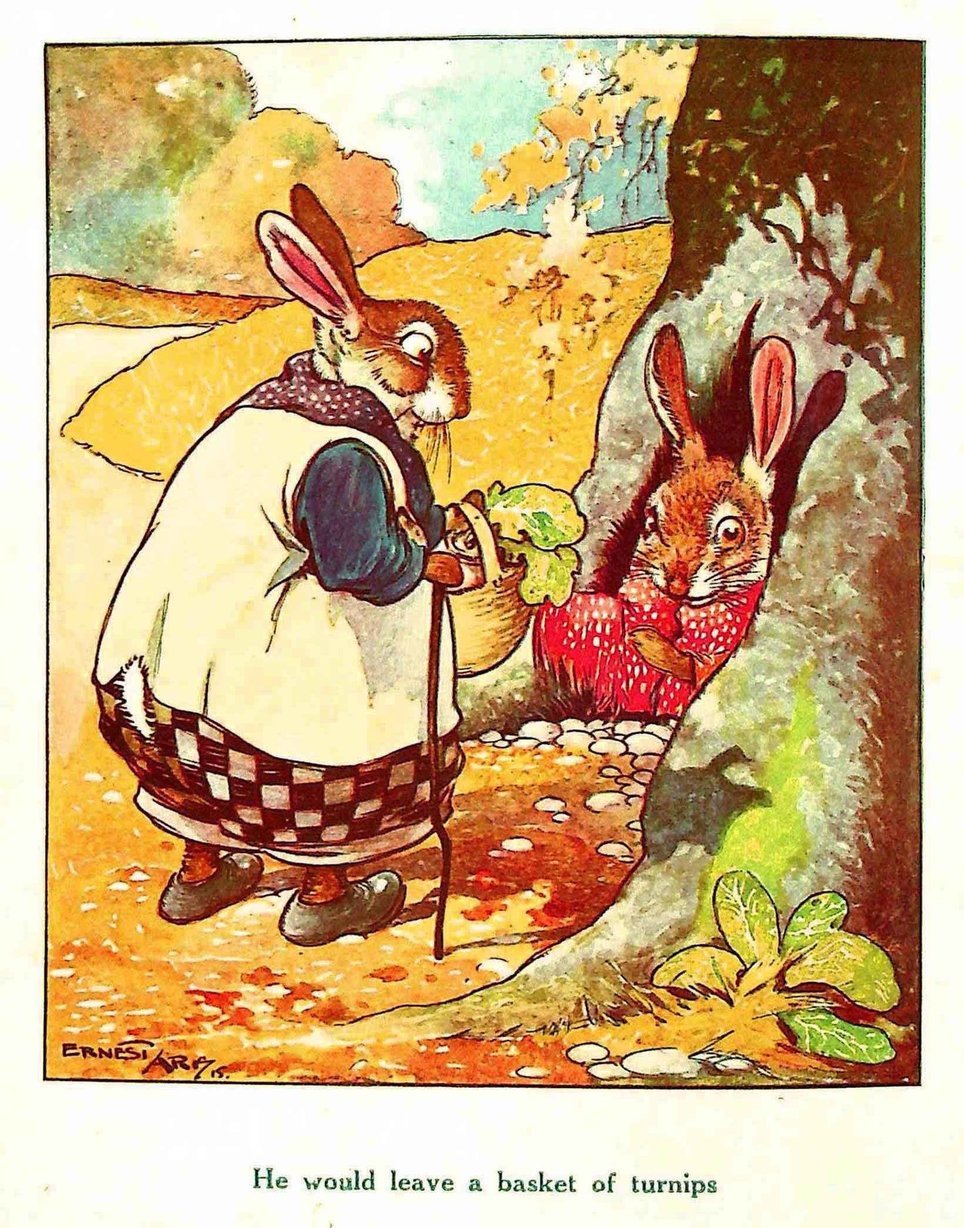 One cartoon rabbit holding a basket of turnips while another peeks out from within the base of a tree, illustration.