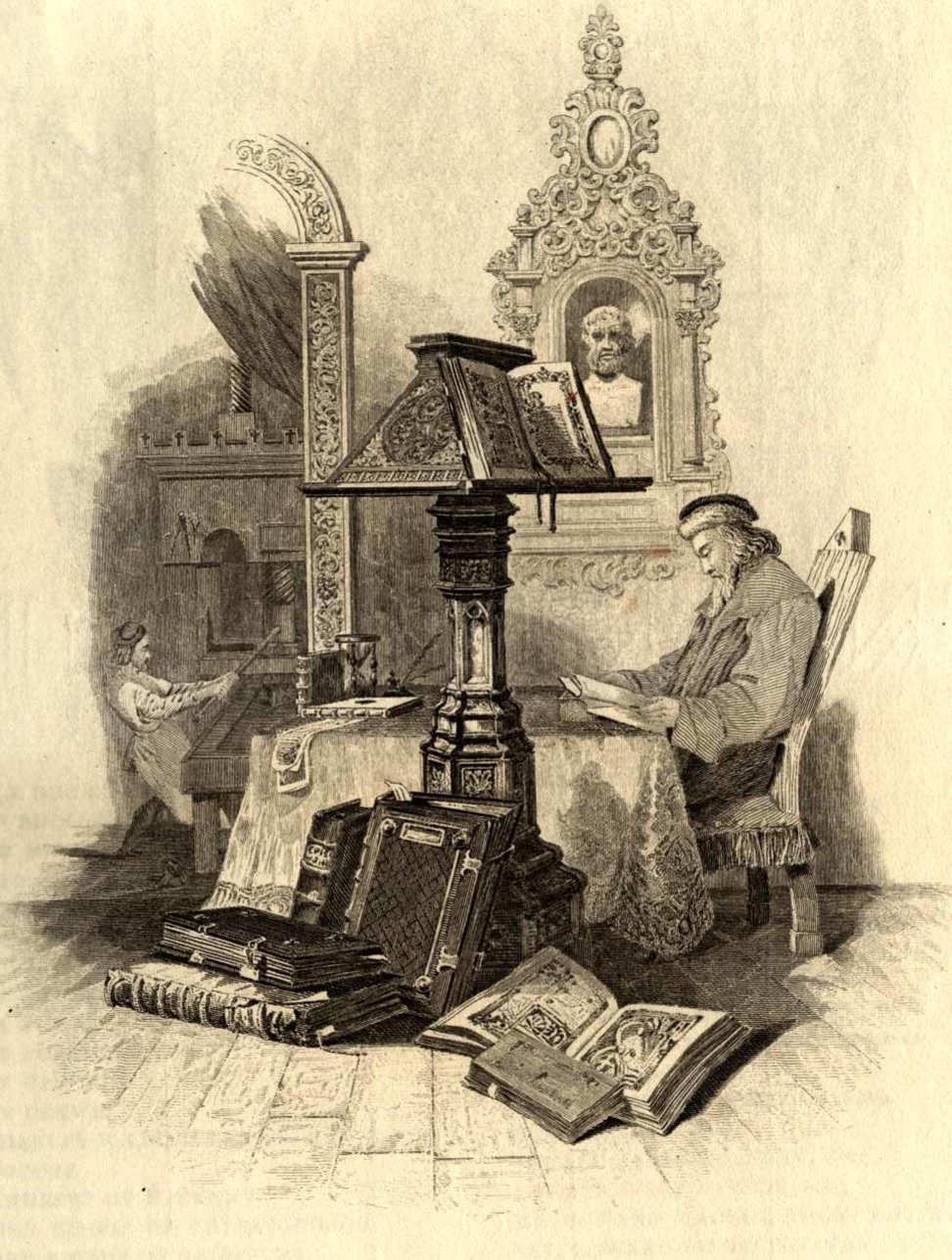 Engraving of a seated man reading a book