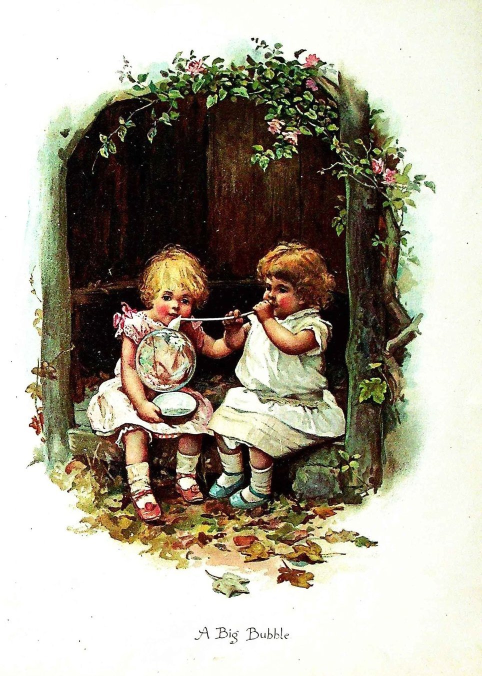 Two young girls sitting on a small stoop in front of a dark brown background with a large bubble, illustration, with text beneath reading A Big Bubble.