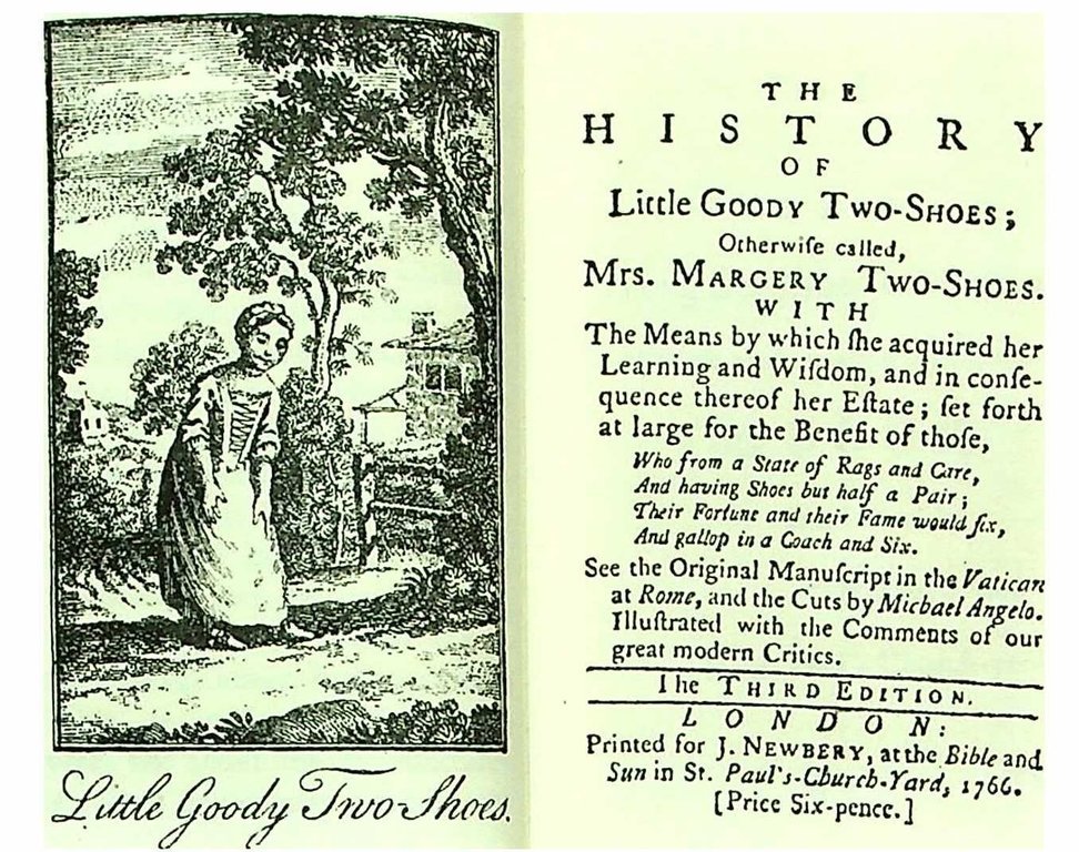 Title pages of Little Goody Two Shoes, including an illustration of a woman, brief history, and publication information.