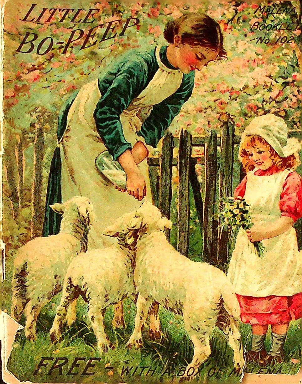 Older girl tipping a bottle down to three lambs while a younger girl stands by and watches, holding flowers, illustration, with title reading Little Bo-Peep.