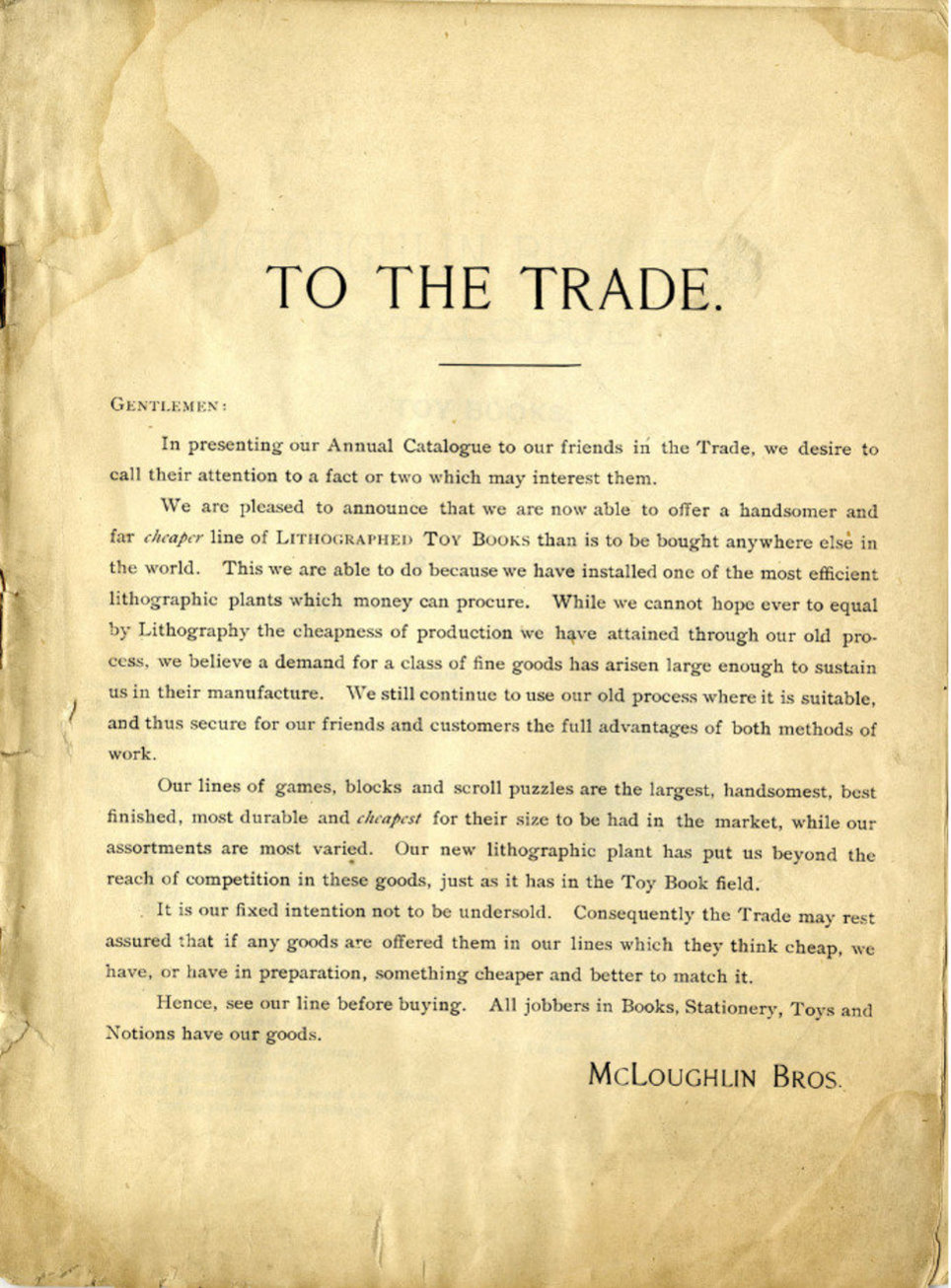 McLoughlin Brothers Catalogue Note typed on yellowing paper.