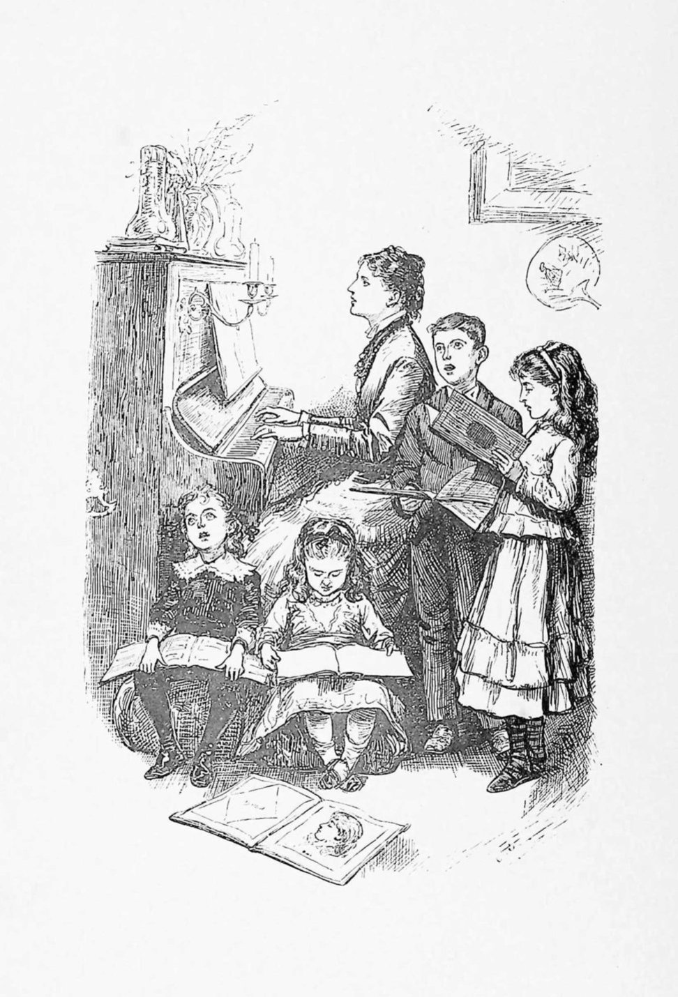 Children singing around a piano while a woman plays, black and white illustration.
