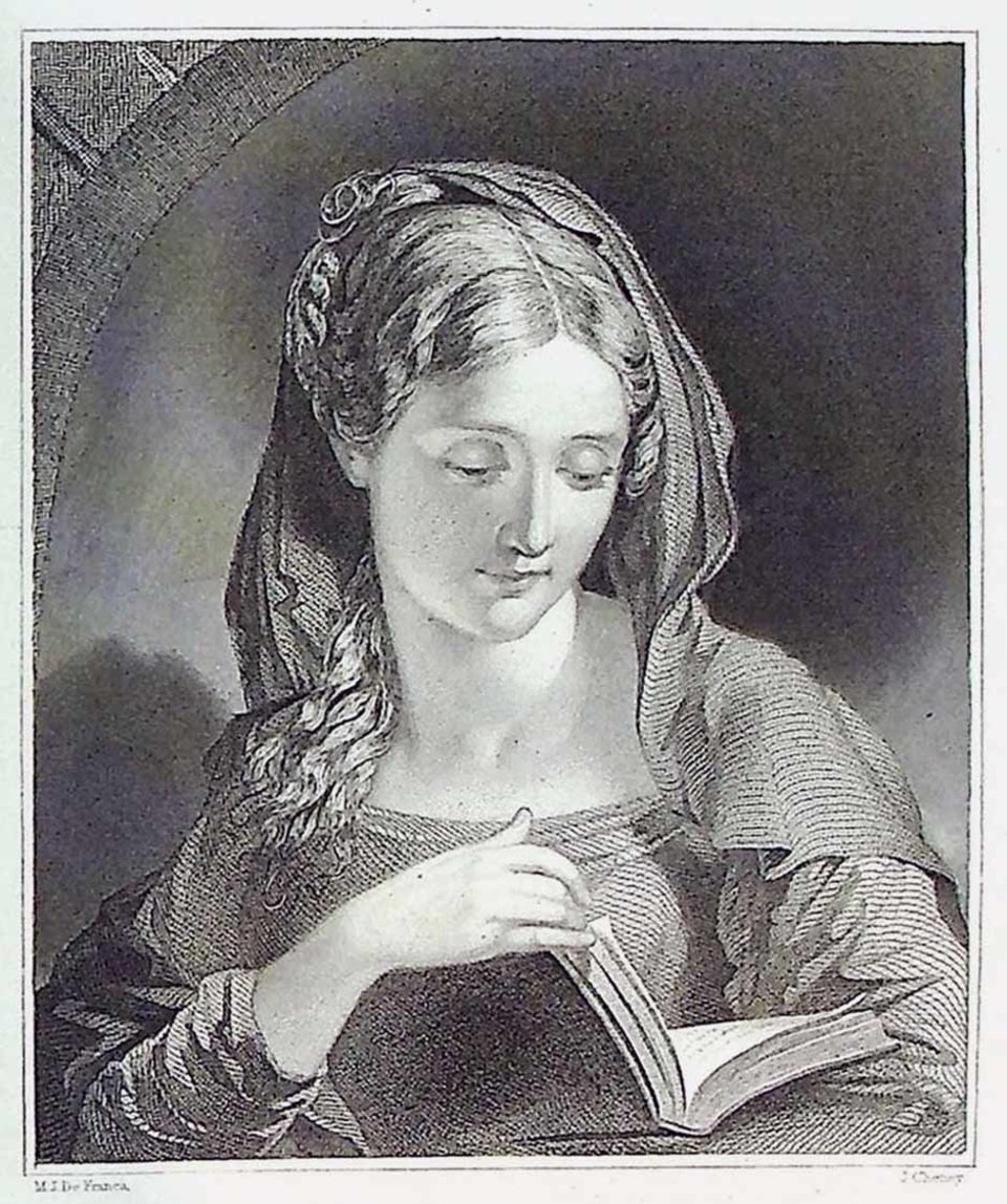 Readingwomansmallfilengraving of a young women with a booke
