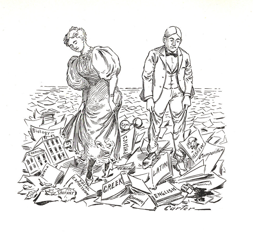 Line Engraving of Students Standing Atop Books
