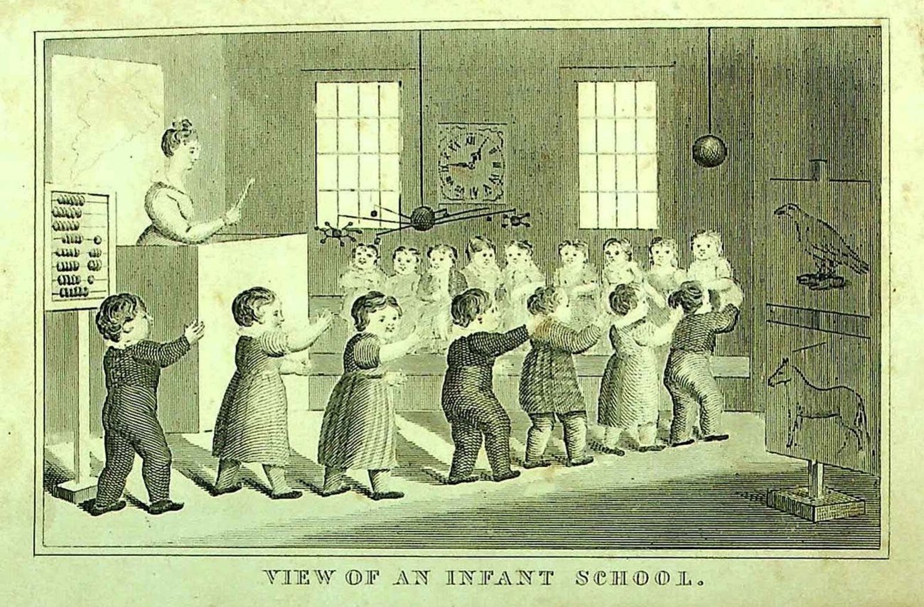Engraving of small children in school
